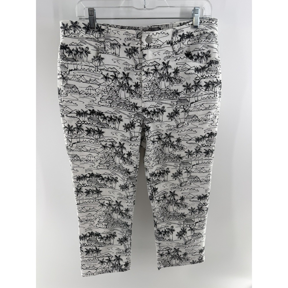 Chico's Pants Womens Size 1 Black White Print Capri Stretch Palm Tree Cocktail
